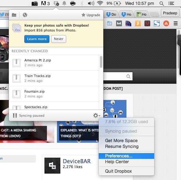 where to find snych preferences on mac for dropbox