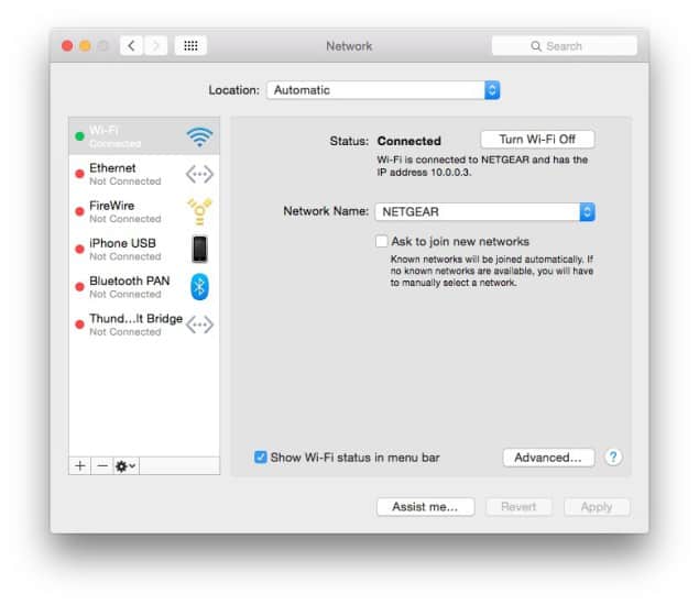 Mac OS X Settings Network Advanced
