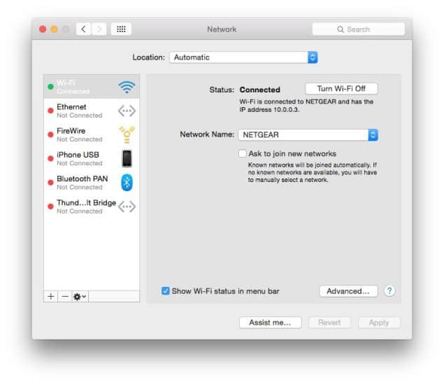 Mac OS X Settings Network Advanced